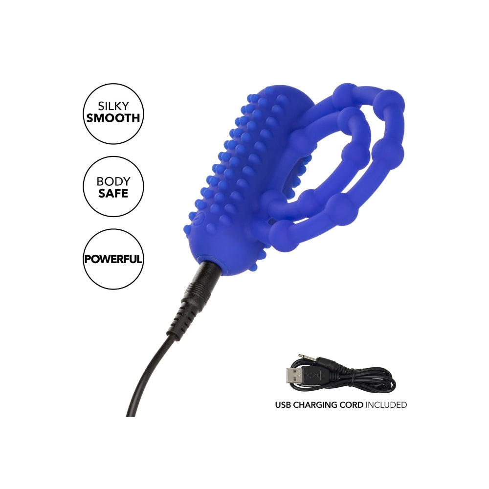 Inel Pentru Penis cu Vibratii CalExotics 10 Beads Maximus - Albastru, silicon sigur pentru corp - 10 bile de placere si suport pentru o erectie puternica - 12 Moduri Vibratii pentru stimulare clitoris - Ideal pentru cupluri
