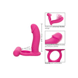 Inel Pentru Penis CalExotics Double Diver cu Dildo Vibrant - 9.5 cm, Roz - Inelul elastic sporeste rezistenta, sonda vibranta stimuleaza clitorisul, iar dildoul ofera o dubla stimulare - 12 Functii de vibratie, rezistent la apa, reincarcabil