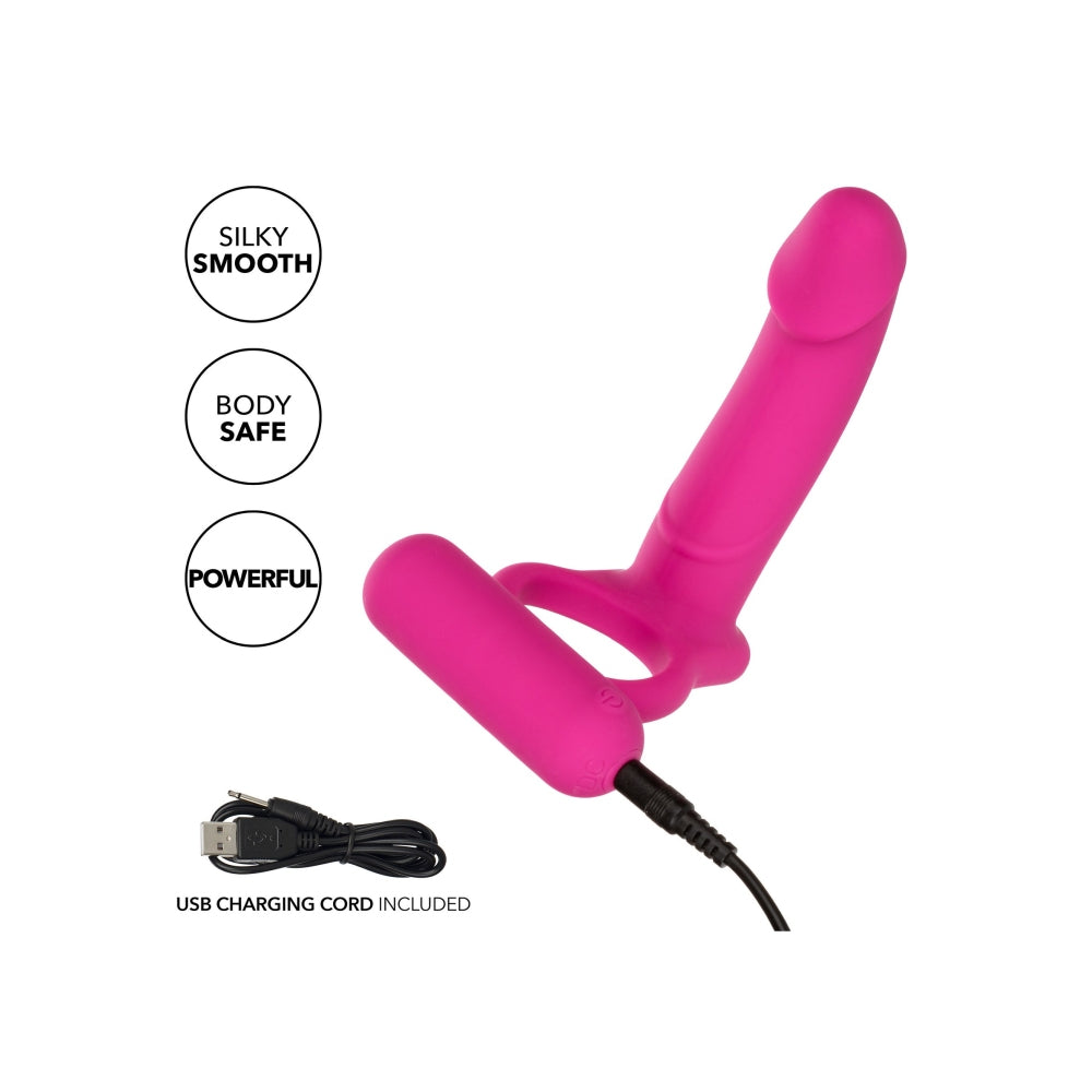 Inel Pentru Penis CalExotics Double Diver cu Dildo Vibrant - 9.5 cm, Roz - Inelul elastic sporeste rezistenta, sonda vibranta stimuleaza clitorisul, iar dildoul ofera o dubla stimulare - 12 Functii de vibratie, rezistent la apa, reincarcabil