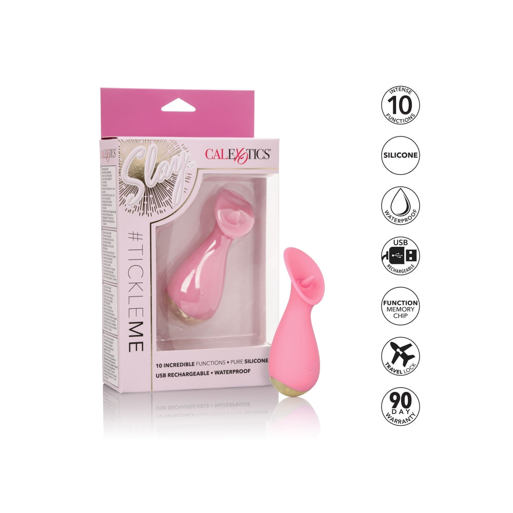 Vibrator Mini CalExotics Slay #TickleMe - Roz, 10 cm - teaser cu limba vibranta, 10 Functii - rezistent la apa, reincarcabil - dimensiuni discrete, ideal pentru calatorii