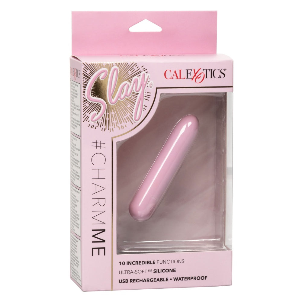 Mini vibrator Slay #CharmMe CalExotics din silicon cu 10 functii vibratii intense, reincarcabil si rezistent la apa, roz