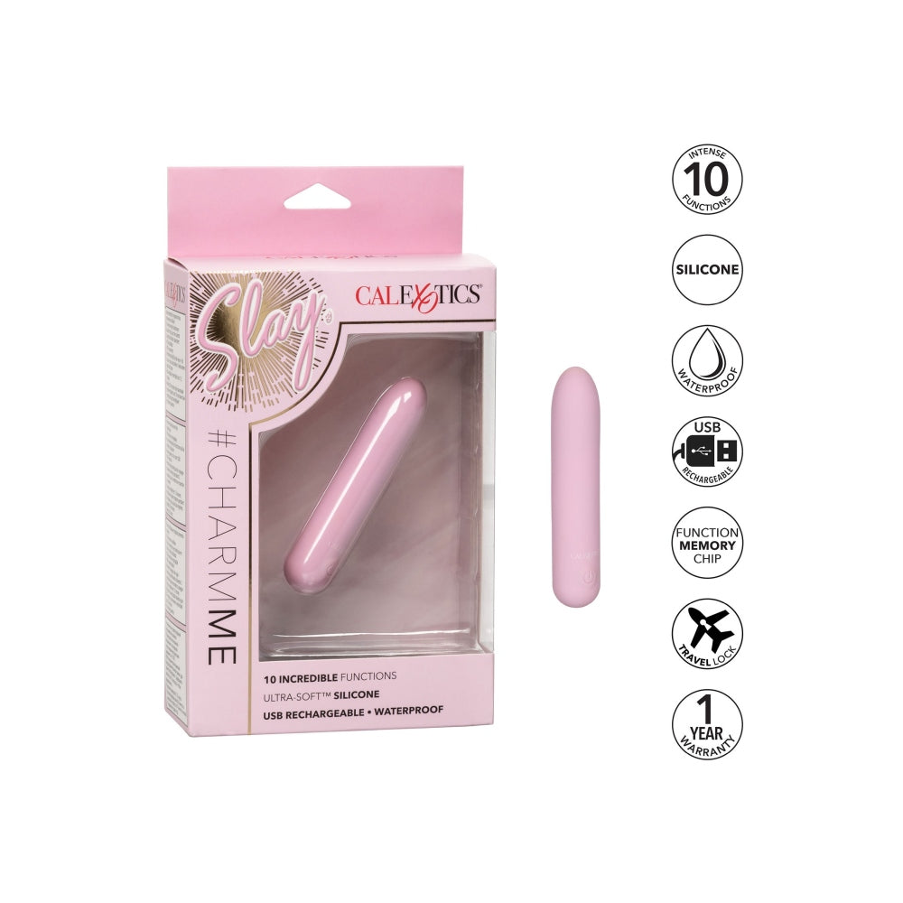 Mini vibrator Slay #CharmMe CalExotics din silicon cu 10 functii vibratii intense, reincarcabil si rezistent la apa, roz