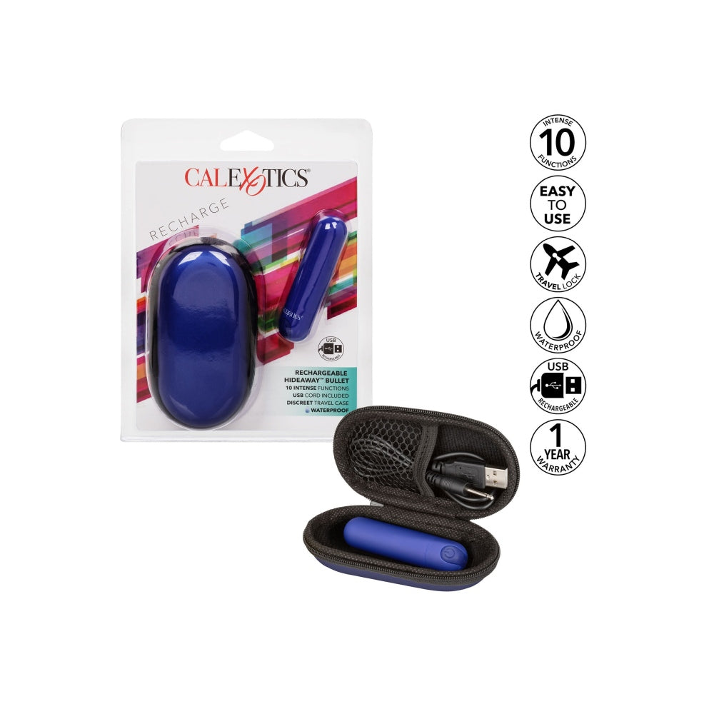Mini vibrator CalExotics Rechargeable Hideaway Bullet cu 10 functii vibratii si carcasa de transport discreta, Albastru