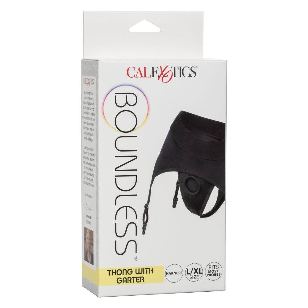 Strap-on Tanga CalExotics cu Jartiere L/XL - Centura extra-lata si design ajustabil - usor de curatat, lavabil la masina de spalat - compatibil cu diverse dildo-uri