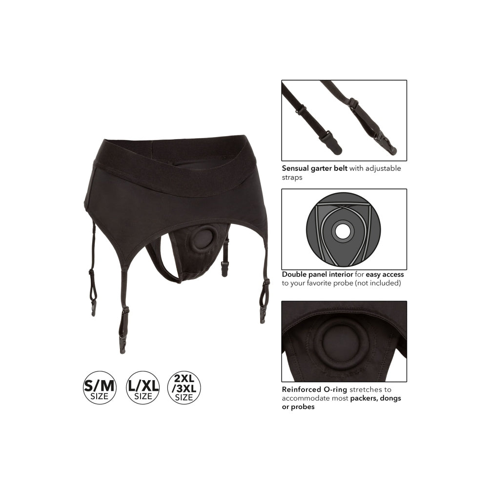 Strap-on Tanga CalExotics cu Jartiere L/XL - Centura extra-lata si design ajustabil - usor de curatat, lavabil la masina de spalat - compatibil cu diverse dildo-uri