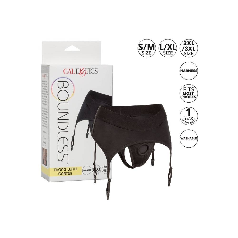 Strap-on Tanga CalExotics cu Jartiere L/XL - Centura extra-lata si design ajustabil - usor de curatat, lavabil la masina de spalat - compatibil cu diverse dildo-uri