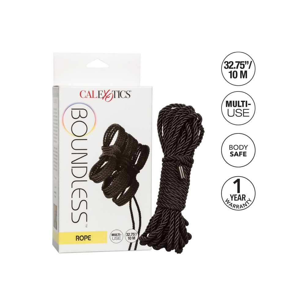 Sfoara Bondage CalExotics Boundless Negru 10 m - material sigur pentru piele, durabil si confortabil - ideal pentru jocuri BDSM in cuplu care exploreaza arta imobilizarii - design versatil si multifunctional