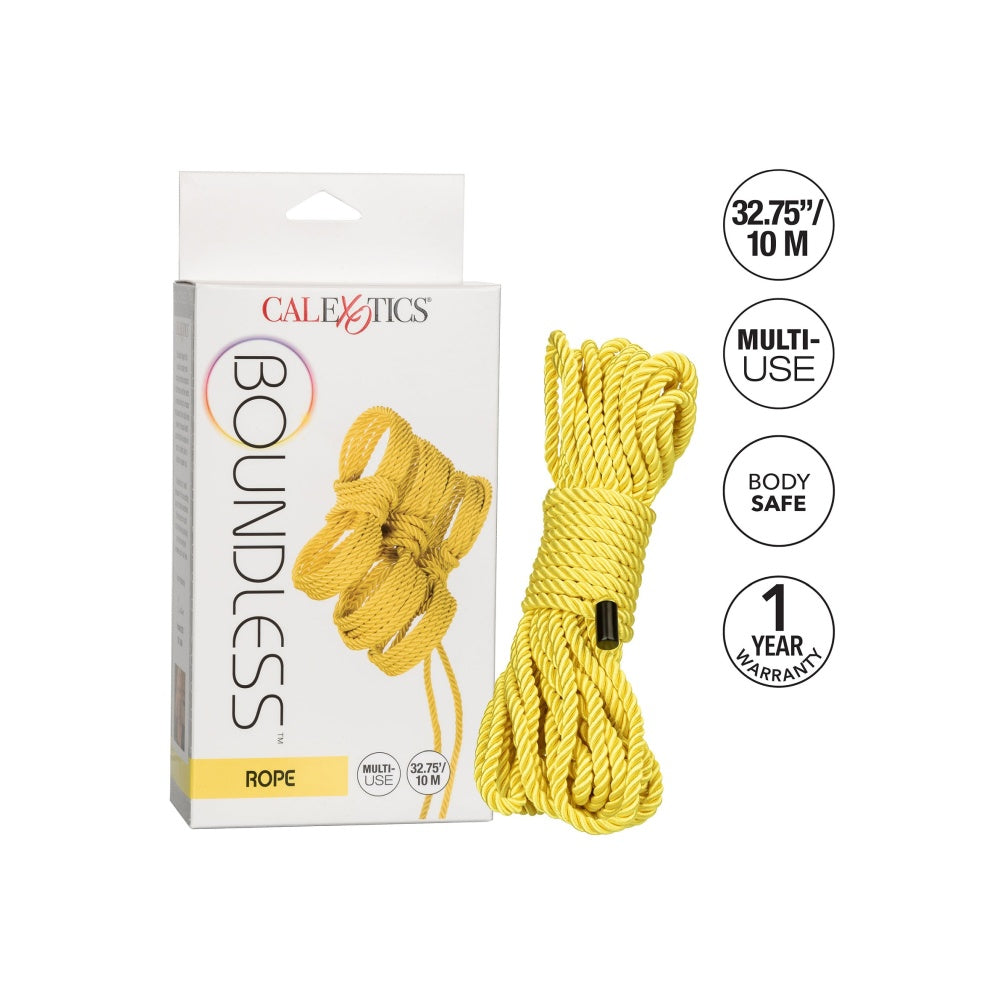 Sfoara Bondage CalExotics Boundless Galben 10 m - material sigur pentru piele, durabil si confortabil - ideal pentru jocuri BDSM in cuplu care exploreaza arta imobilizarii - design versatil si multifunctional