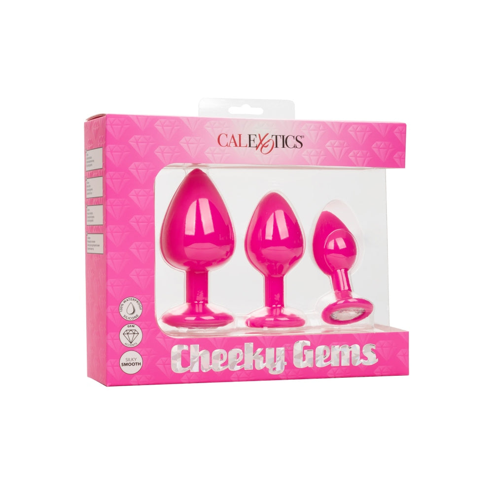 Dopuri Anale cu Baza Bijuterie CalExotics Cheeky Gems - Set 3 Dimensiuni, Silicon Neted, roz