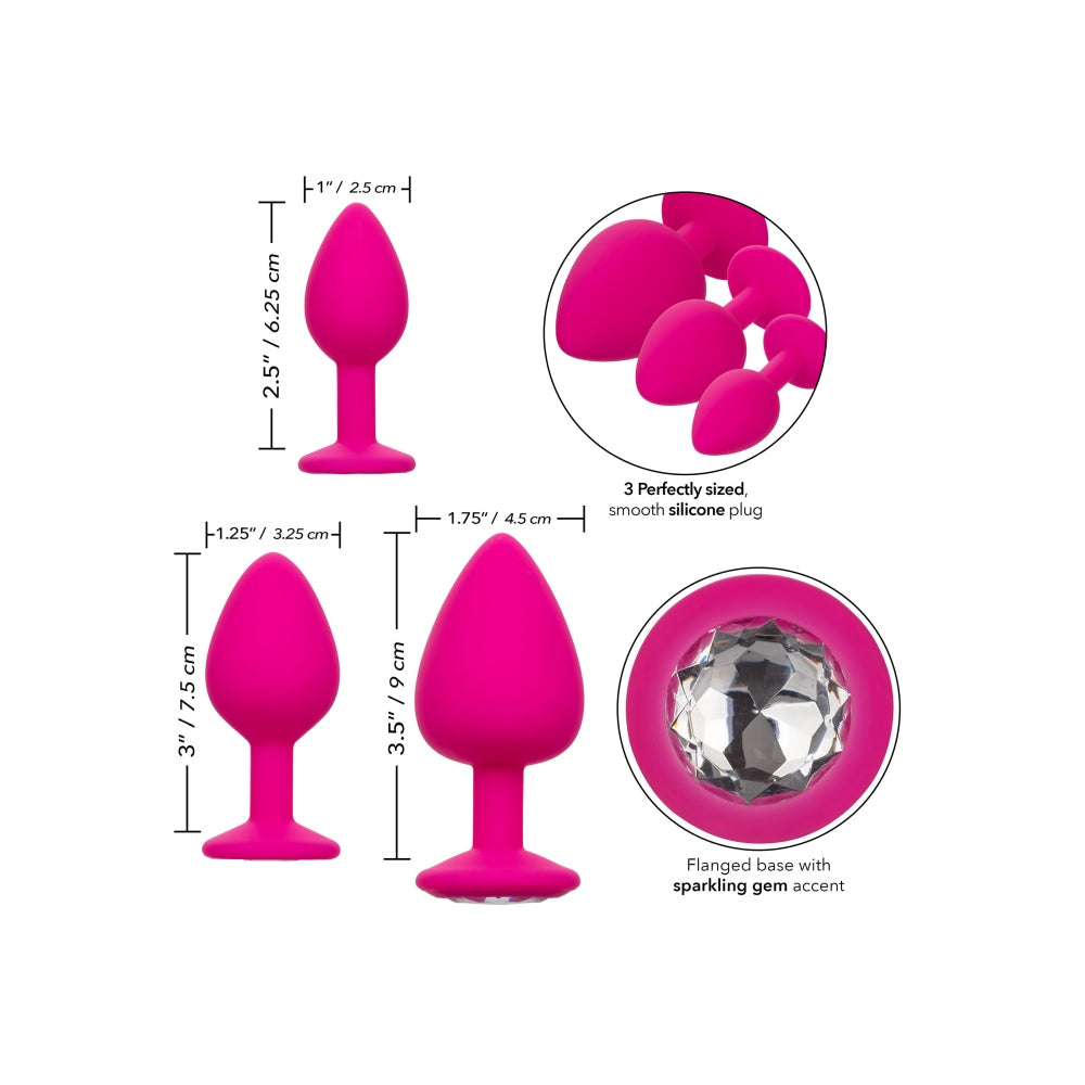 Dopuri Anale cu Baza Bijuterie CalExotics Cheeky Gems - Set 3 Dimensiuni, Silicon Neted, roz
