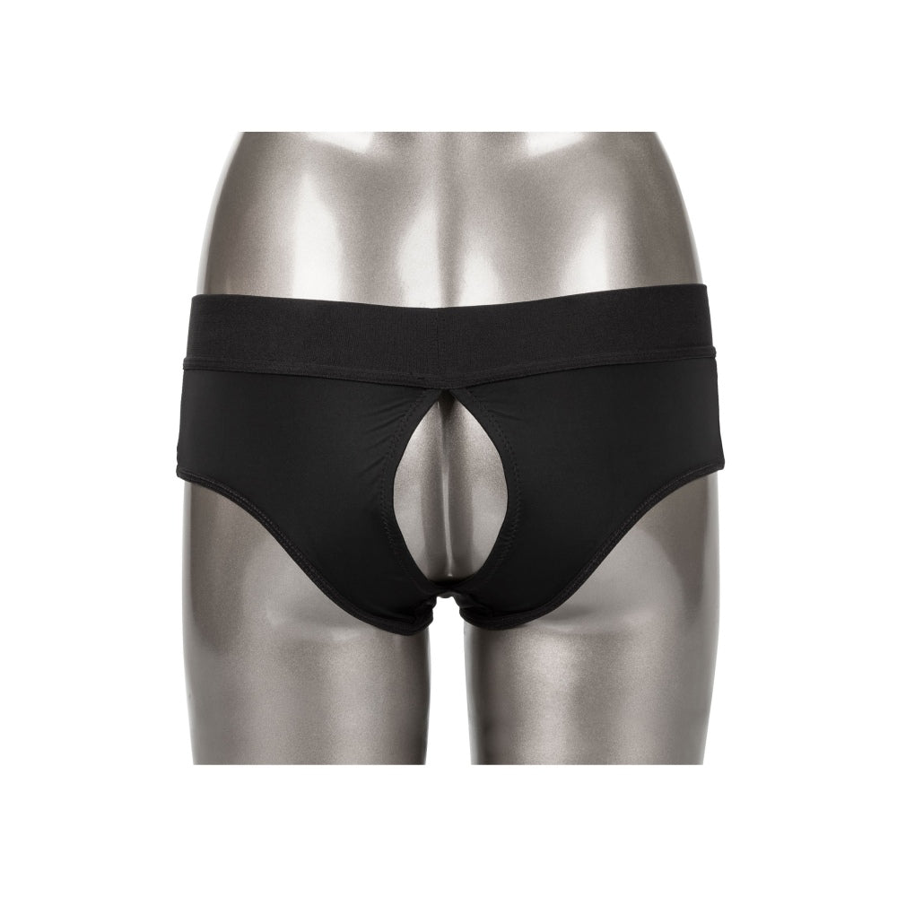 Boxeri Strap-on CalExotics Backless S/M - ham tip boxeri deschis la spate, conceput pentru confort - Inel O intarit, compatibil cu diverse dildo-uri - Usor de intretinut, lavabil la masina