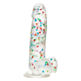Dildo Realistic cu confetti in forma de inimoare CalExotics Naughty Bits - 20 cm, Transparent - baza cu ventuza puternica, compatibila cu hamuri strap-on