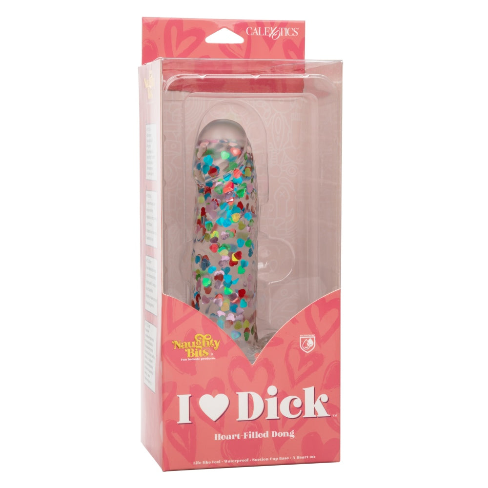 Dildo Realistic cu confetti in forma de inimoare CalExotics Naughty Bits - 20 cm, Transparent - baza cu ventuza puternica, compatibila cu hamuri strap-on