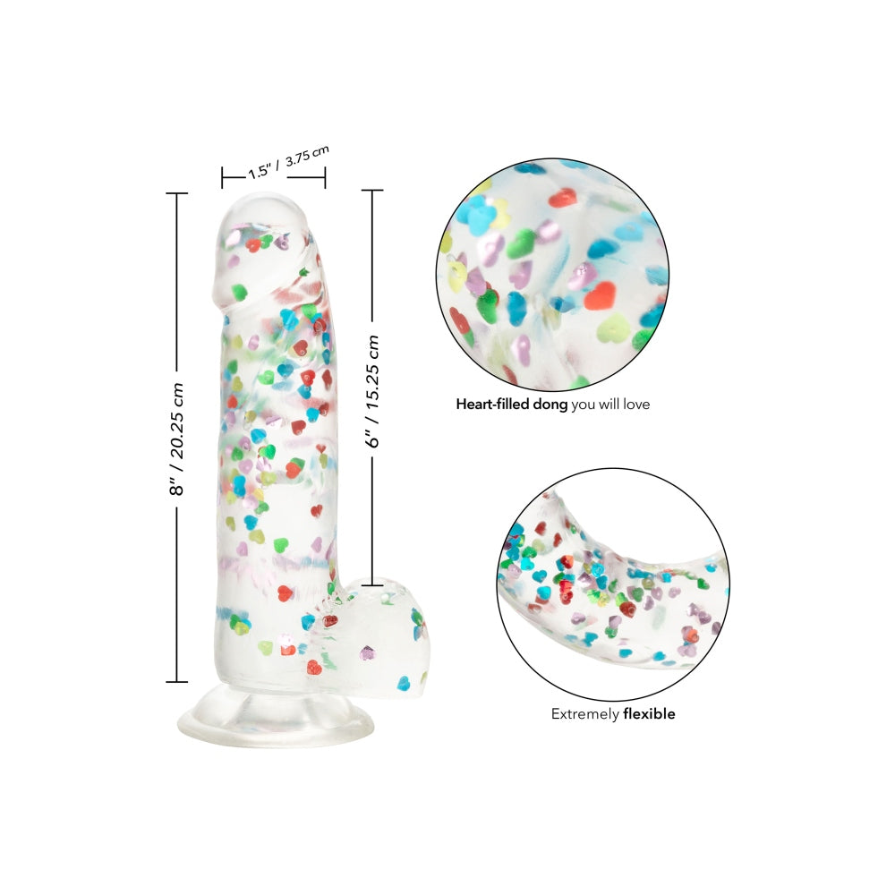 Dildo Realistic cu confetti in forma de inimoare CalExotics Naughty Bits - 20 cm, Transparent - baza cu ventuza puternica, compatibila cu hamuri strap-on