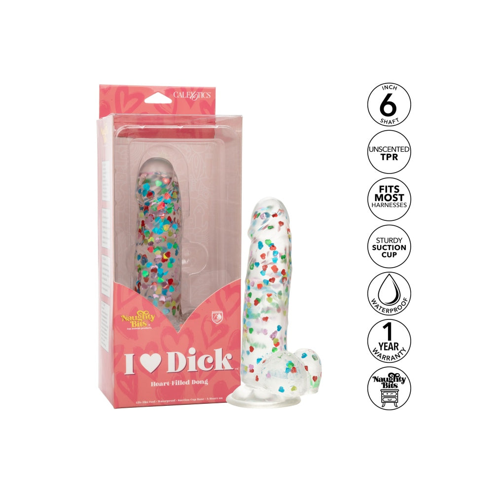 Dildo Realistic cu confetti in forma de inimoare CalExotics Naughty Bits - 20 cm, Transparent - baza cu ventuza puternica, compatibila cu hamuri strap-on