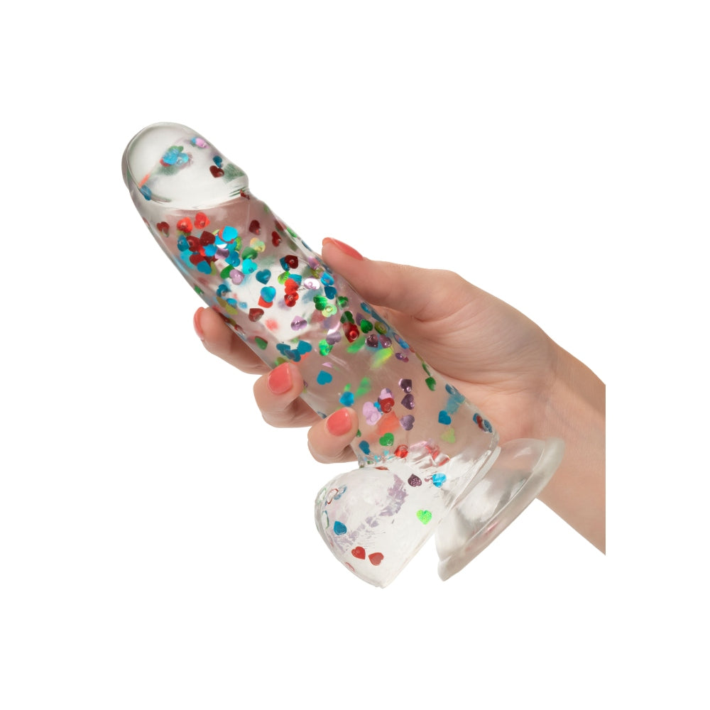 Dildo Realistic cu confetti in forma de inimoare CalExotics Naughty Bits - 20 cm, Transparent - baza cu ventuza puternica, compatibila cu hamuri strap-on