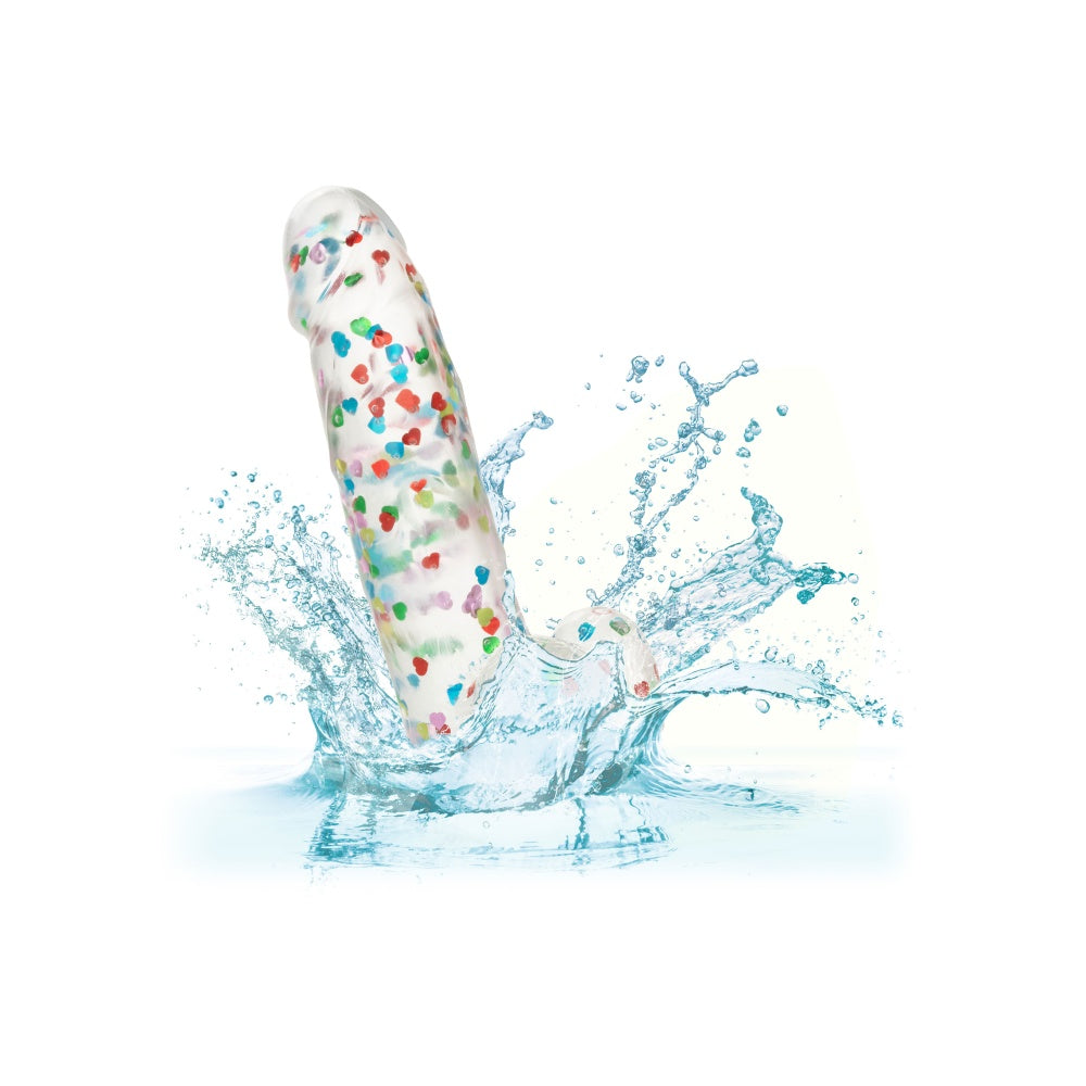 Dildo Realistic cu confetti in forma de inimoare CalExotics Naughty Bits - 20 cm, Transparent - baza cu ventuza puternica, compatibila cu hamuri strap-on