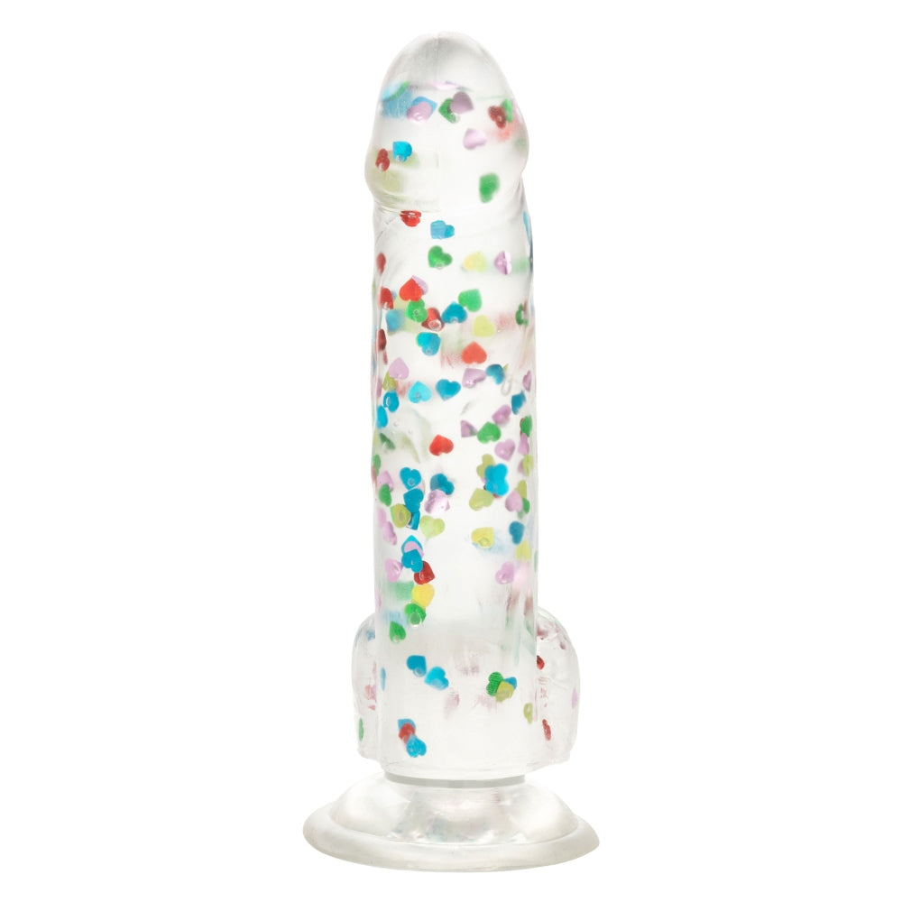 Dildo Realistic cu confetti in forma de inimoare CalExotics Naughty Bits - 20 cm, Transparent - baza cu ventuza puternica, compatibila cu hamuri strap-on