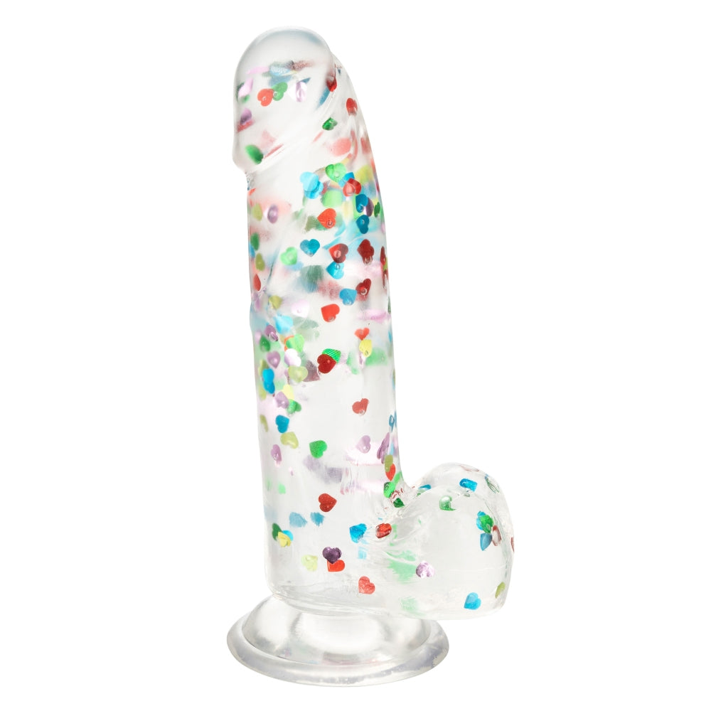 Dildo Realistic cu confetti in forma de inimoare CalExotics Naughty Bits - 20 cm, Transparent - baza cu ventuza puternica, compatibila cu hamuri strap-on