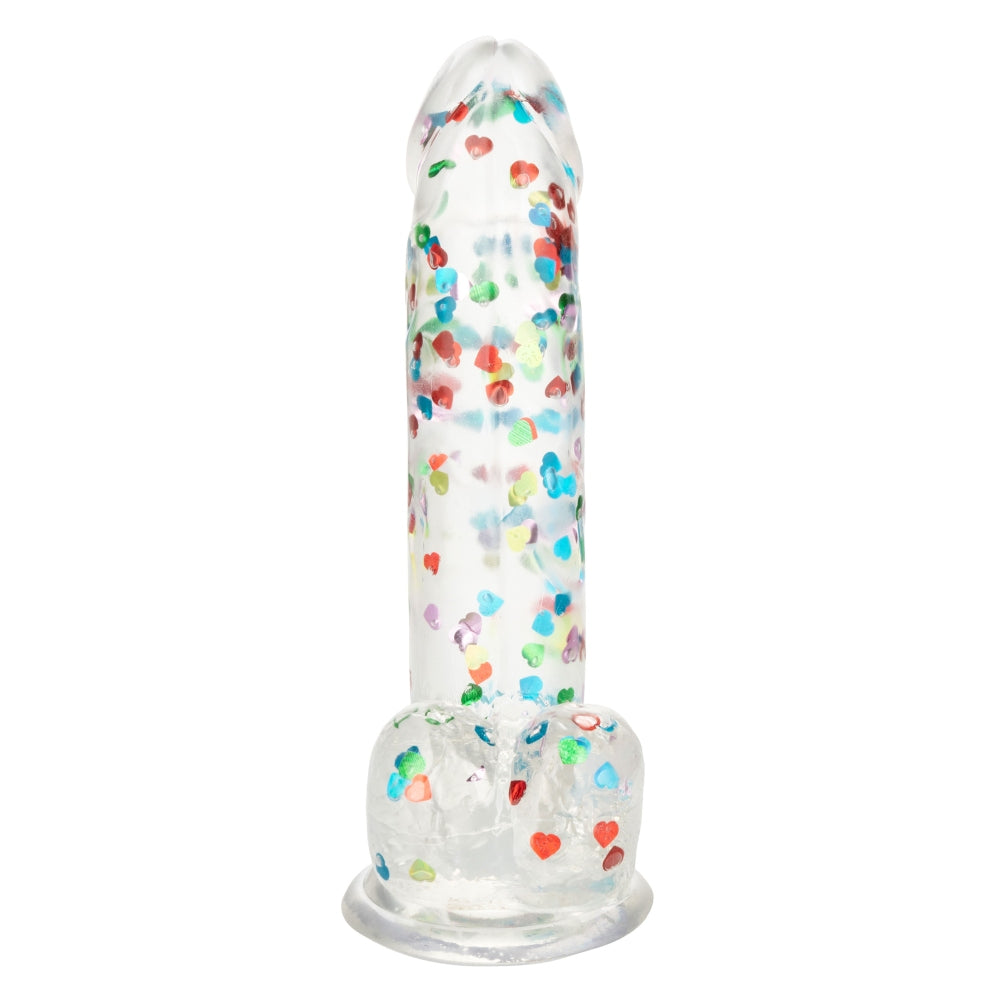Dildo Realistic cu confetti in forma de inimoare CalExotics Naughty Bits - 20 cm, Transparent - baza cu ventuza puternica, compatibila cu hamuri strap-on