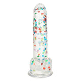 Dildo Realistic cu confetti in forma de inimoare CalExotics Naughty Bits - 20 cm, Transparent - baza cu ventuza puternica, compatibila cu hamuri strap-on