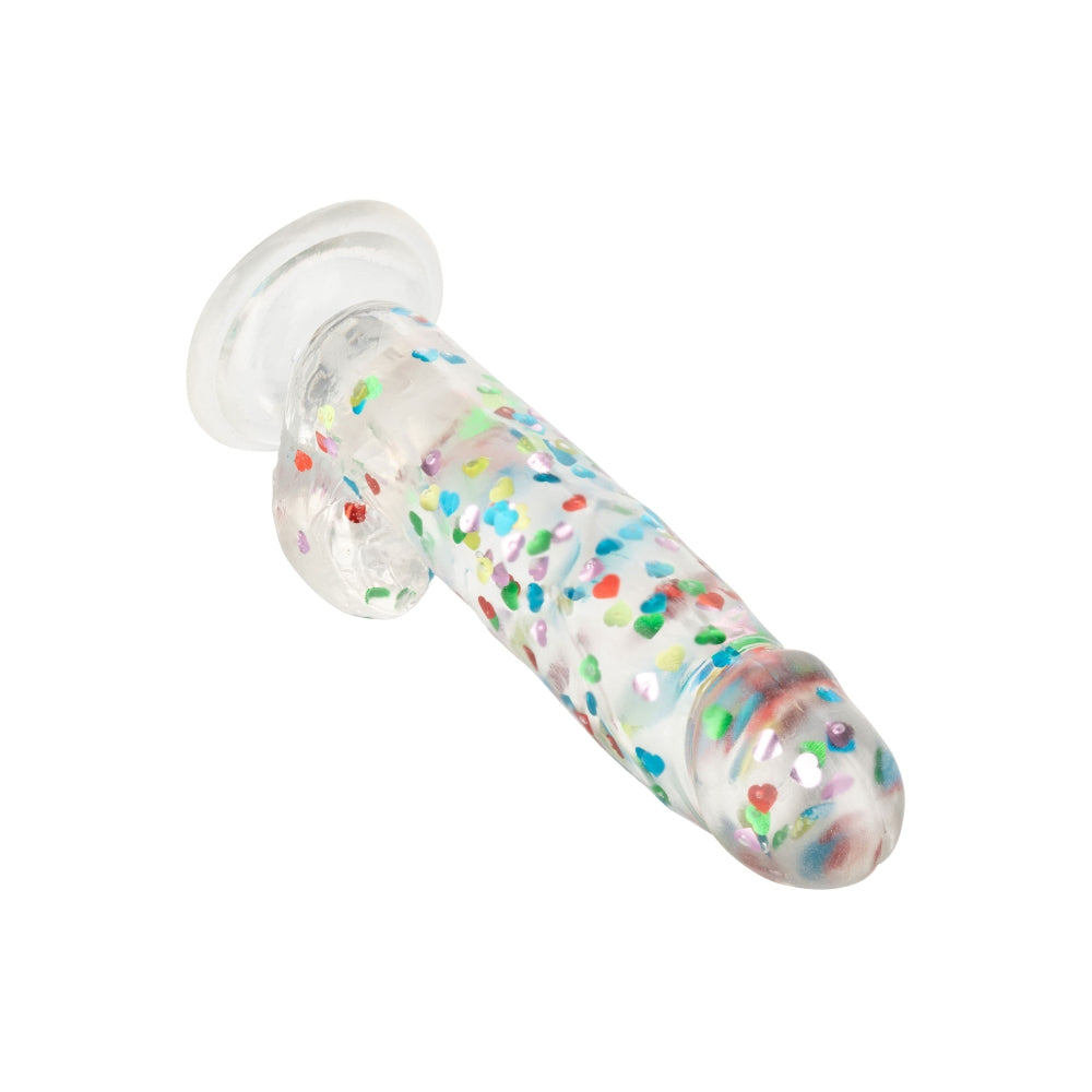 Dildo Realistic cu confetti in forma de inimoare CalExotics Naughty Bits - 20 cm, Transparent - baza cu ventuza puternica, compatibila cu hamuri strap-on