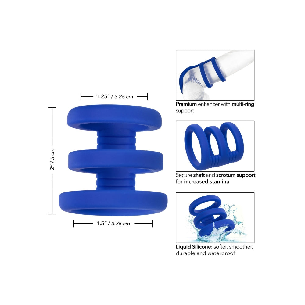 Inel triplu pentru penis CalExotics Admiral din silicon lichid cu suport multi-inele pentru rezistenta si stimulare, albastru