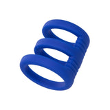 Inel triplu pentru penis CalExotics Admiral din silicon lichid cu suport multi-inele pentru rezistenta si stimulare, albastru