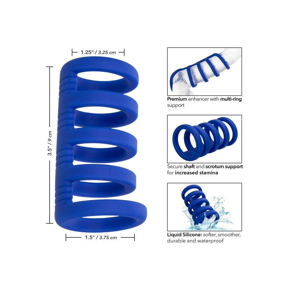 Inel cvintuplu pentru penis CalExotics Admiral din silicon lichid cu suport multi-inele pentru rezistenta si stimulare, albastru