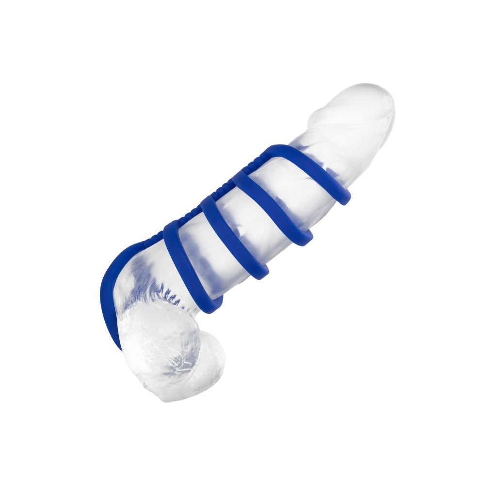 Inel cvintuplu pentru penis CalExotics Admiral din silicon lichid cu suport multi-inele pentru rezistenta si stimulare, albastru