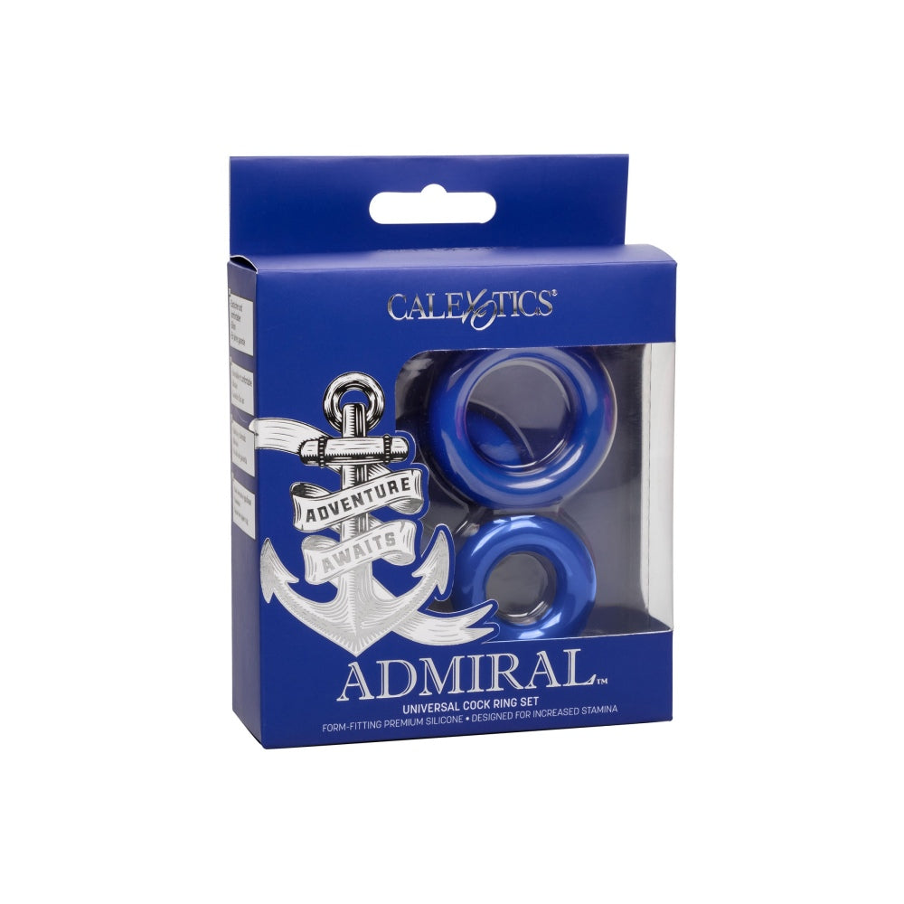 Set 3 inele pentru penis CalExotics Admiral Universal din silicon lichid pentru sustinere si performanta, albastru