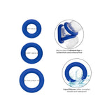 Set 3 inele pentru penis CalExotics Admiral Universal din silicon lichid pentru sustinere si performanta, albastru