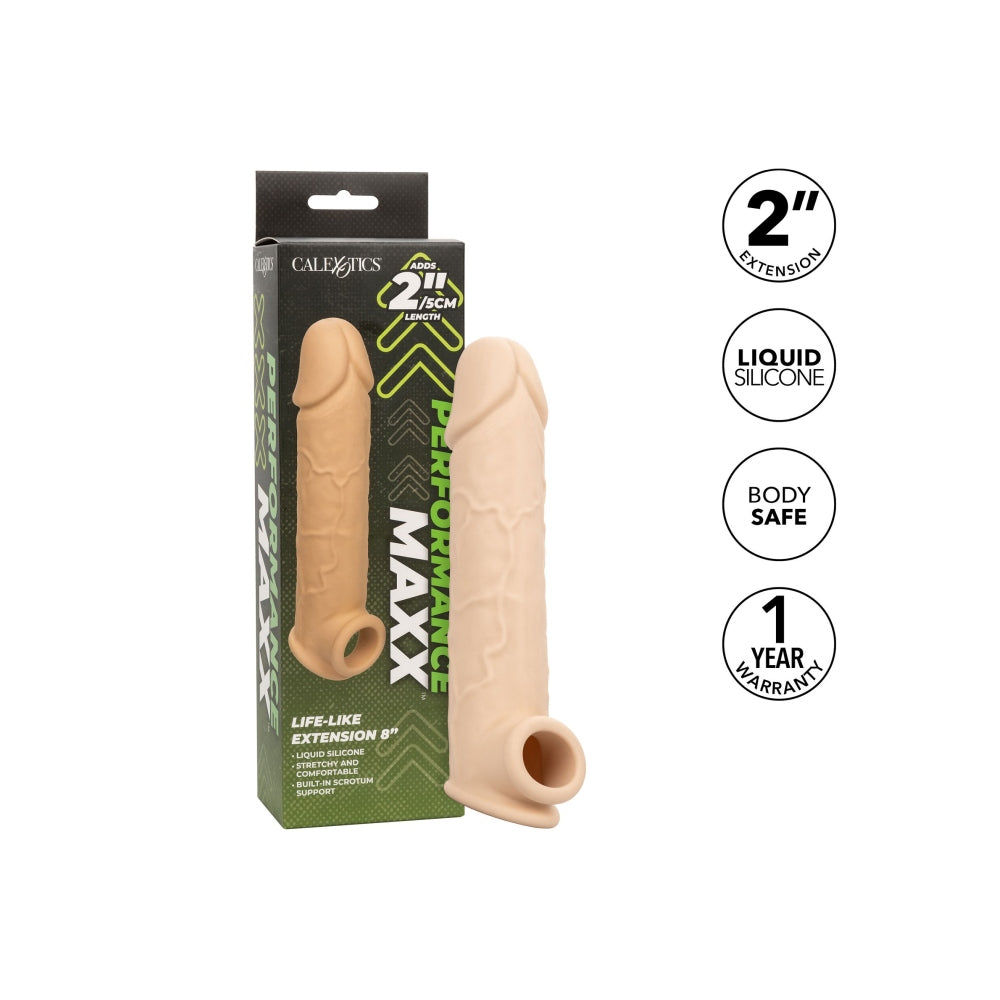 Prelungitor penis CalExotics Performance Maxx Life-Like Extension 22.5 cm din silicon lichid cu 5 cm lungime extra, Culoarea Pielii