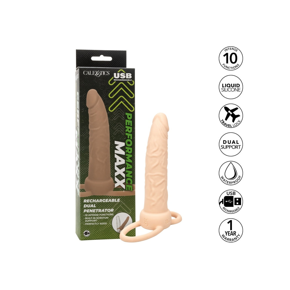 Prelungitor Penis pentru dubla penetrare CalExotics Performance Maxx Dual Penetrator cu 10 functii de vibratie si inel suport