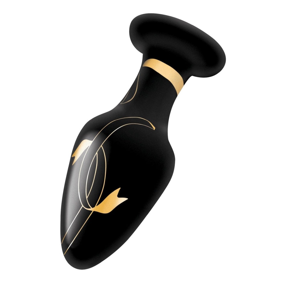 Dop Anal de Sticla Secret Kisses Handblown Wide Butt Plug, Large, Negru cu Auriu, sticla suflata manual, hipoalergenic, compatibil cu toti lubrifiantii, 10 cm