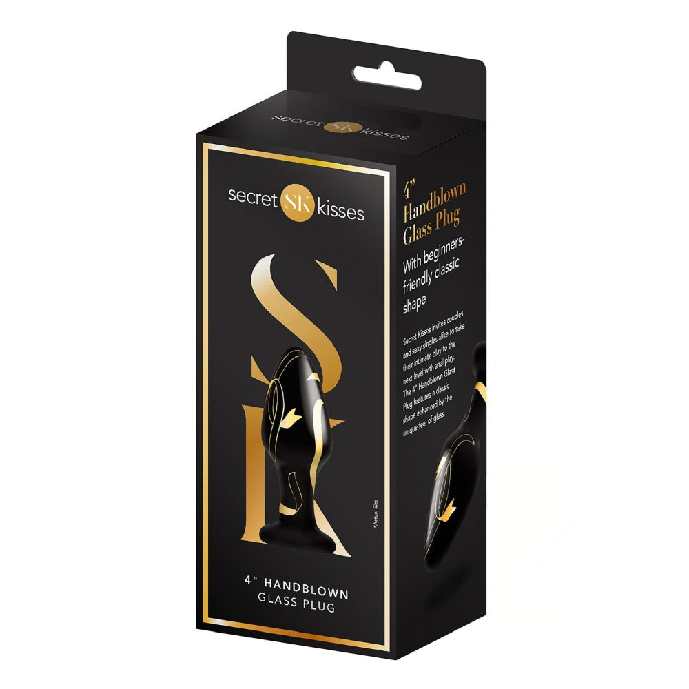 Dop Anal de Sticla Secret Kisses Handblown Wide Butt Plug, Large, Negru cu Auriu, sticla suflata manual, hipoalergenic, compatibil cu toti lubrifiantii, 10 cm