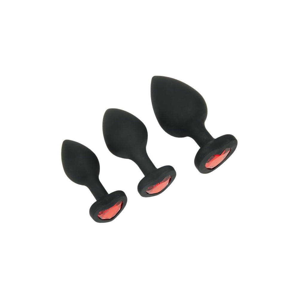 Set Dopuri Anale Heartbreaker Training Kit - Negru cu Bijuterii Rosii, 3 Marimi graduale -  Material din Silicon moale si neted