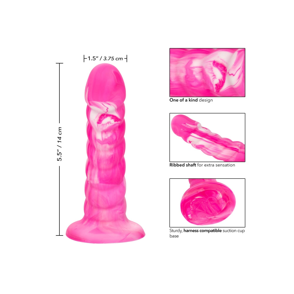 Sonda Strap-on Ribbed din Silicon Lichid Twisted Love cu Textura Striata si Ventuza Solida, Roz