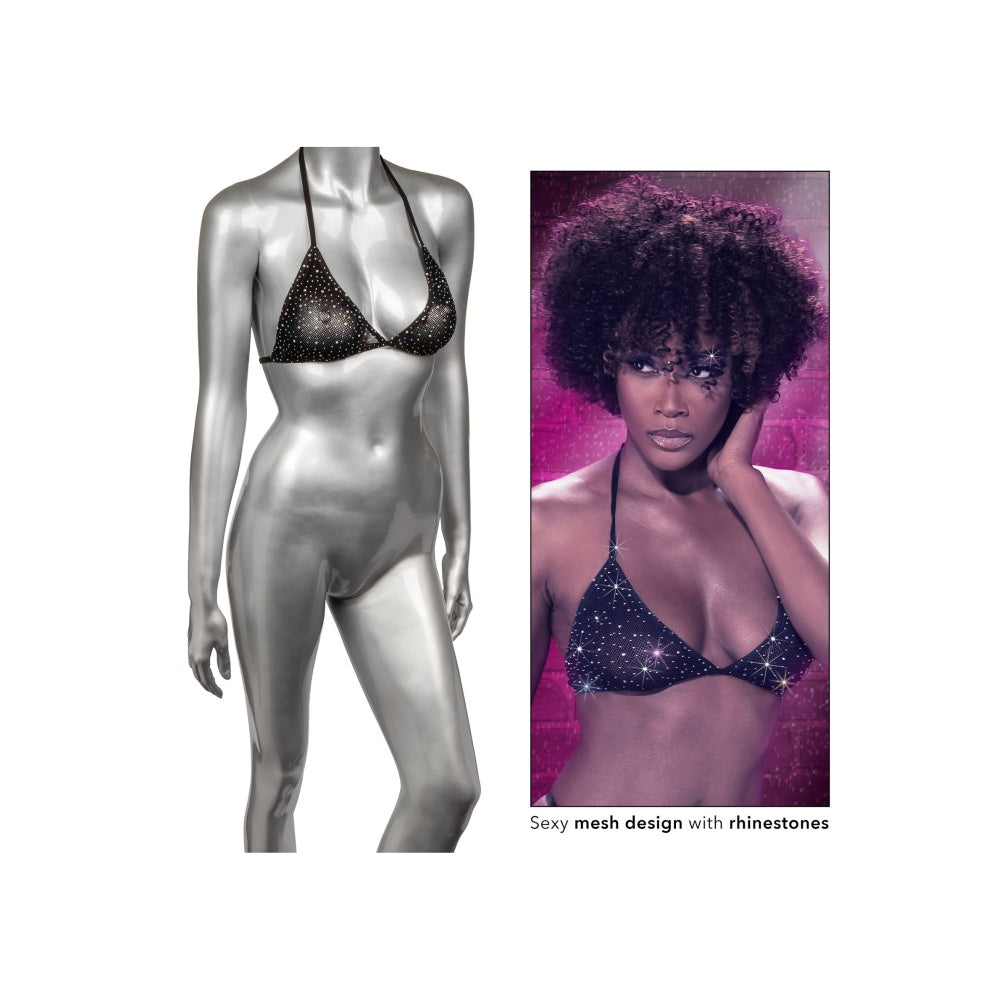 Sutien Negru Bikini Triunghi din Plasa cu Strasuri - fabricat din plasa moale, potrivit majoritatea marimilor standard - accente stralucitoare din strasuri