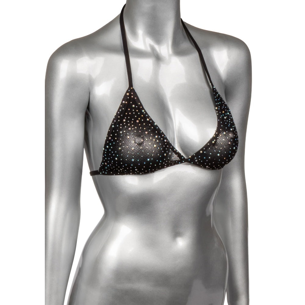 Sutien Negru Bikini Triunghi din Plasa cu Strasuri PLUS - fabricat din plasa moale, potrivit marimilor Plus Size pana la 3XL - accente stralucitoare din strasuri