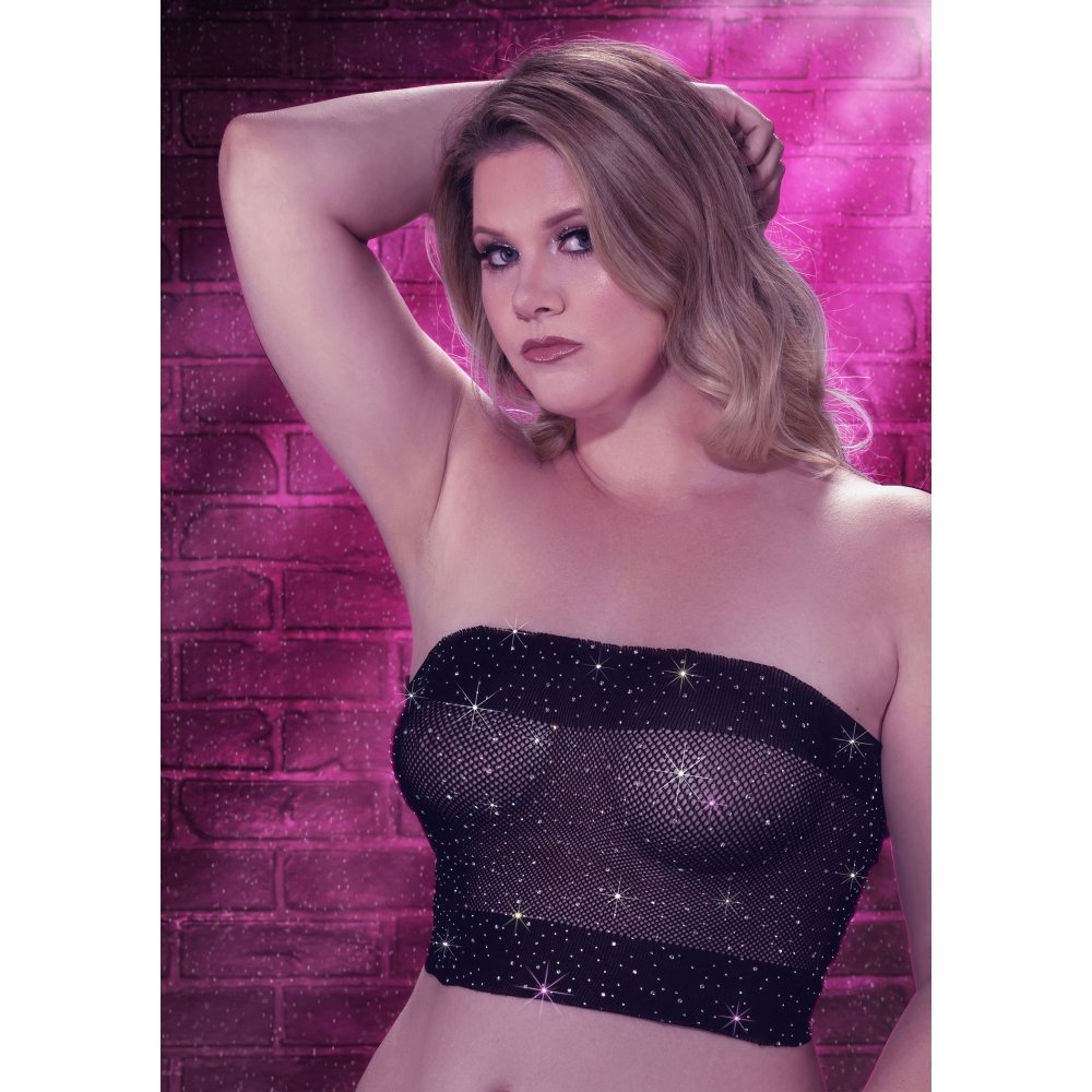 Sutien Bandeau Negru din Plasa cu Strasuri PLUS - fabricat din plasa moale, potrivit potrivit marimilor Plus Size pana la 3XL - accente stralucitoare din strasuri
