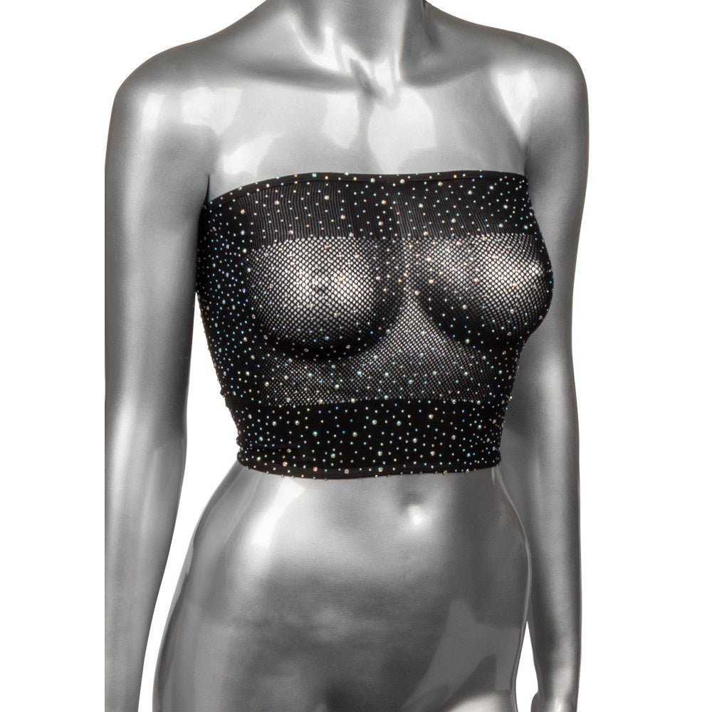 Sutien Bandeau Negru din Plasa cu Strasuri PLUS - fabricat din plasa moale, potrivit potrivit marimilor Plus Size pana la 3XL - accente stralucitoare din strasuri