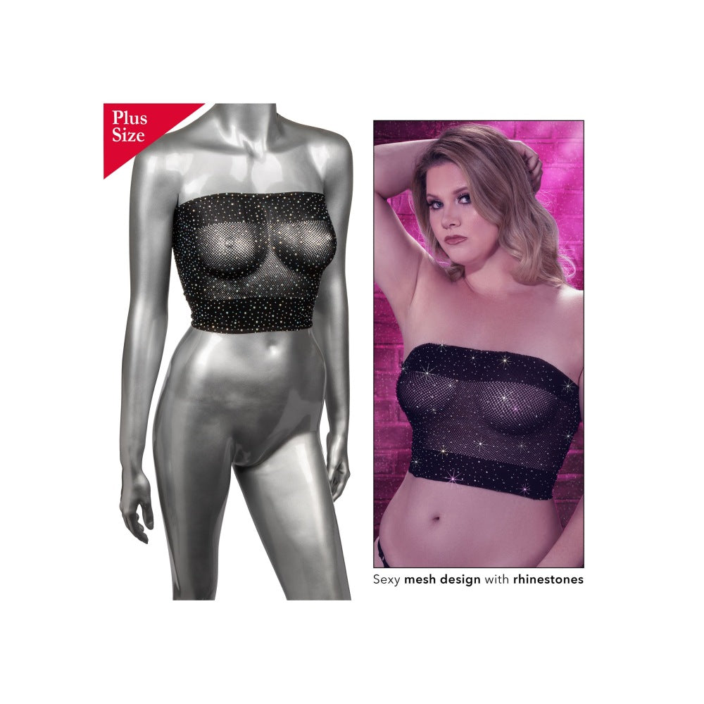 Sutien Bandeau Negru din Plasa cu Strasuri PLUS - fabricat din plasa moale, potrivit potrivit marimilor Plus Size pana la 3XL - accente stralucitoare din strasuri