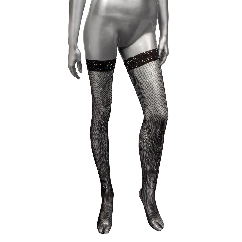 Dresuri Inalti Negri cu Suport Stay-Up Radiance - Design Seducator cu Mesh si Pietre Stralucitoare, One Size