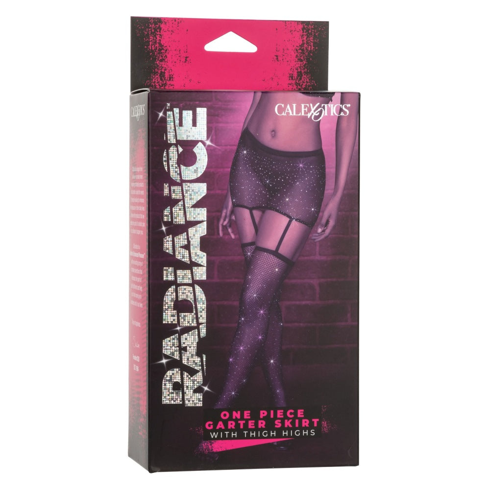 Lenjerie Sexy CalExotics Set Fusta Mini cu Jartiere si Ciorapi Sexy din Plasa cu Strasuri. Negru
