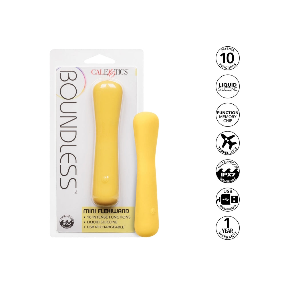 Mini Vibrator Wand flexibil CalExotics Boundless Mini FlexiWand cu 10 functii vibratie si silicon lichid, galben