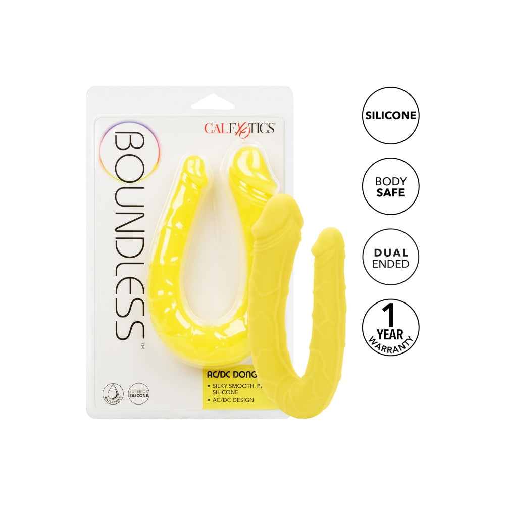 Dildo Dublu CalExotics AC/DC Dong - Galben, 34 cm - Dildo in forma de U cu doua capete distincte - Flexibil si confortabil - Ideal pentru satisfactie solo sau in cuplu