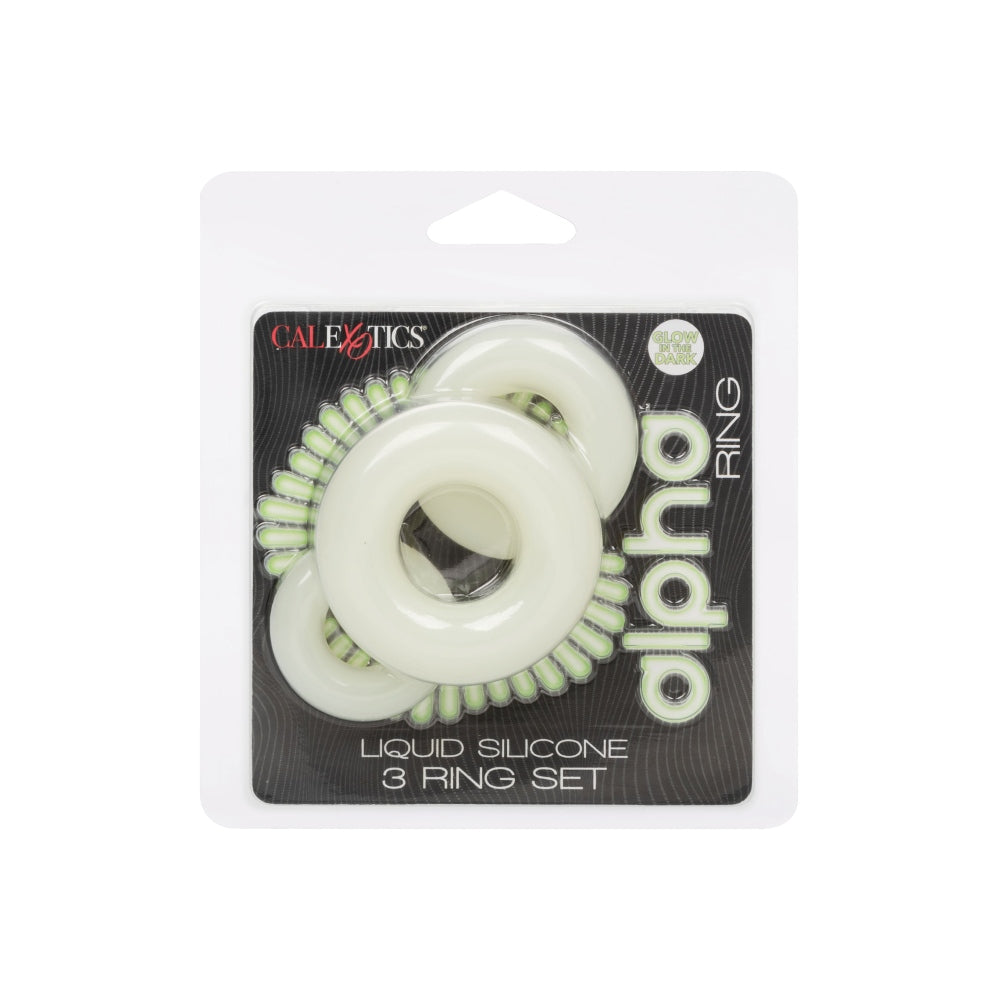 Inele CalExotics penis din silicon lichid Alpha Glow-In-The-Dark set 3 inele elastice impermeabile, Albe