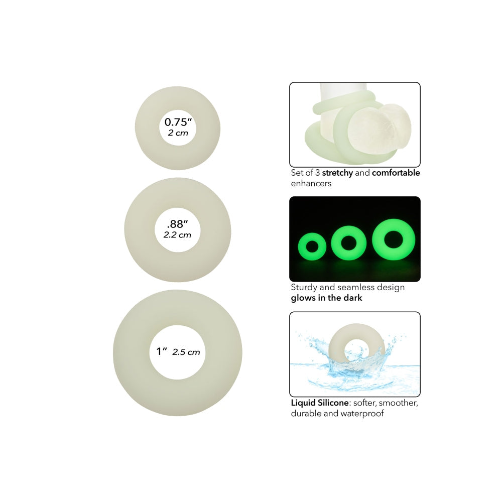 Inele CalExotics penis din silicon lichid Alpha Glow-In-The-Dark set 3 inele elastice impermeabile, Albe