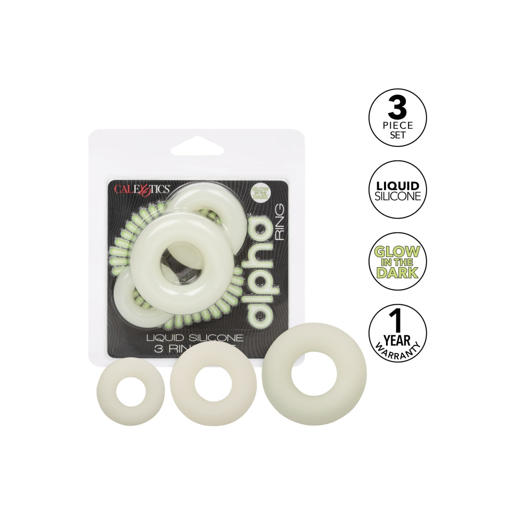 Inele CalExotics penis din silicon lichid Alpha Glow-In-The-Dark set 3 inele elastice impermeabile, Albe